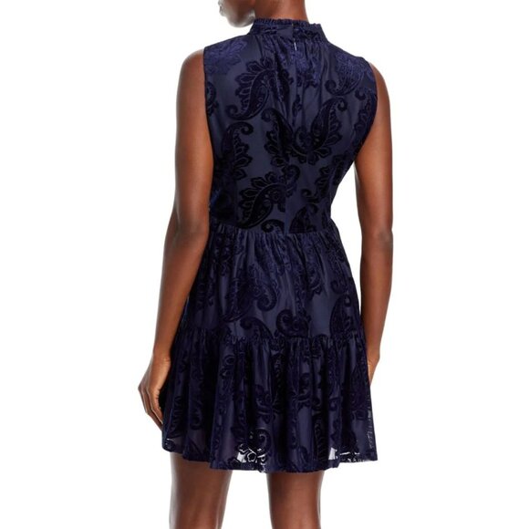 NWT Aqua Navy Blue Velvet Burnout Mini Dress High Neck A-Line Formal Dress Large - Picture 4 of 6